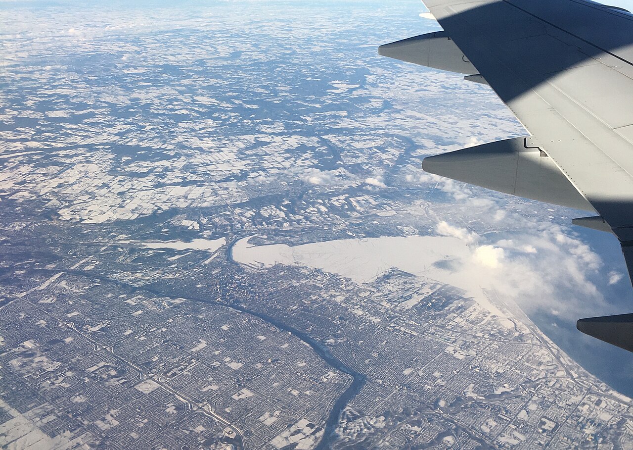 Modern aerial view of Hamilton looking northwest over the harbour and bayfront