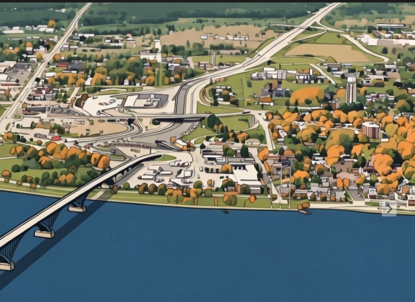 Illustrated aerial view of a bridge crossing into a small lakeside industrial town